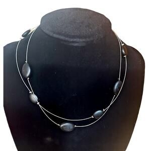 Express Silver Wire Layered Necklace with Black Oval Beads - 15 inch